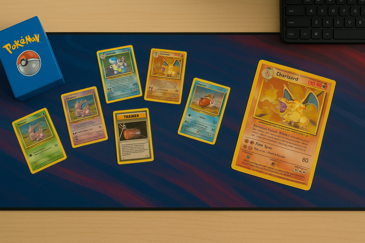 Pokemon cards laid out on gaming deskpad and gaming mousepad