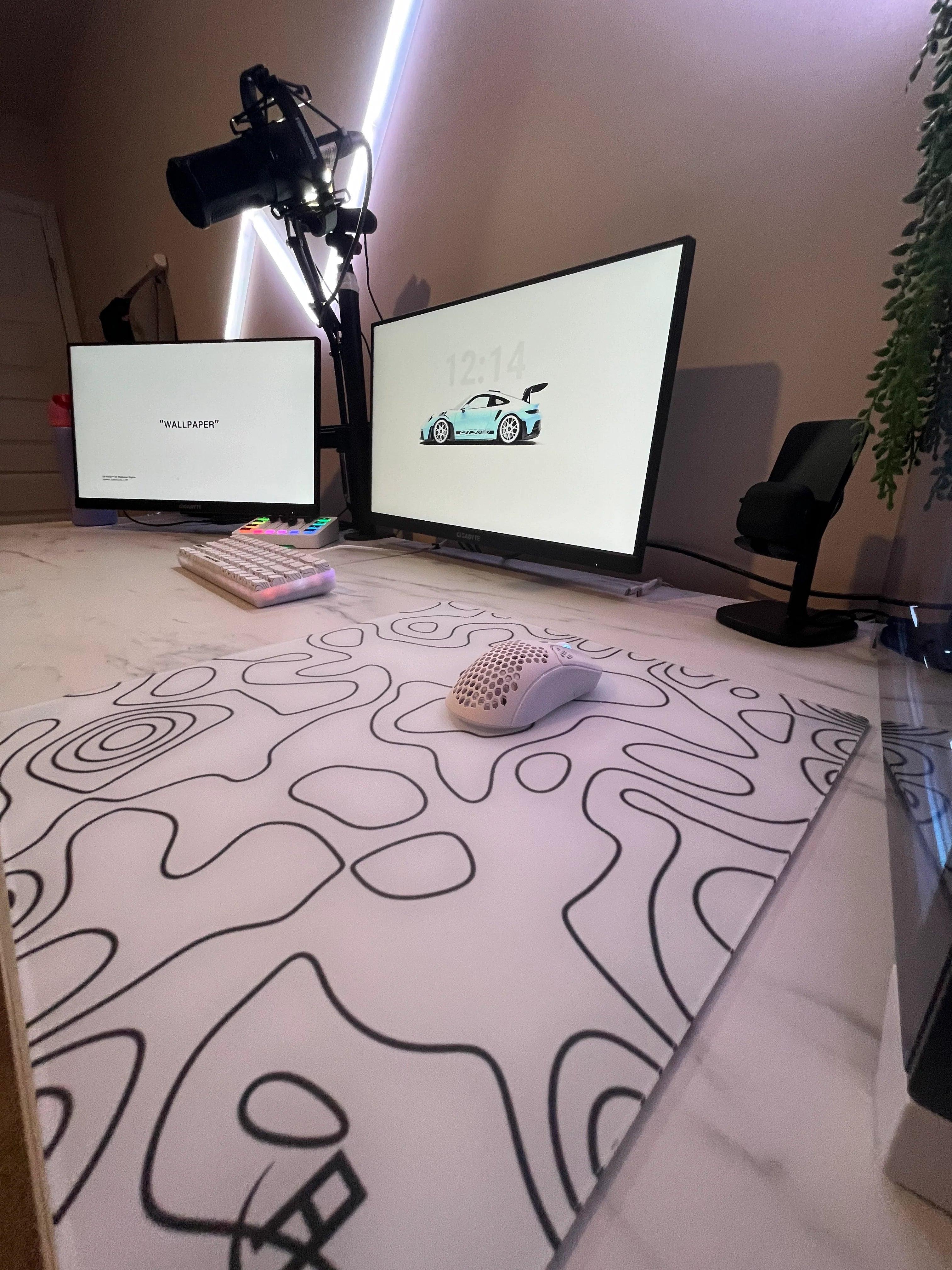 glass mousepad white in all white gaming setup with 2 gaming monitors