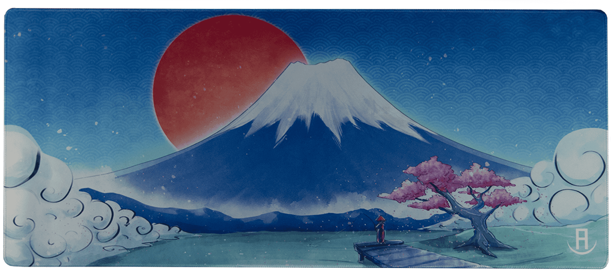 Mountain fuji with red sun in background and clouds gaming deskpad and mousepad 