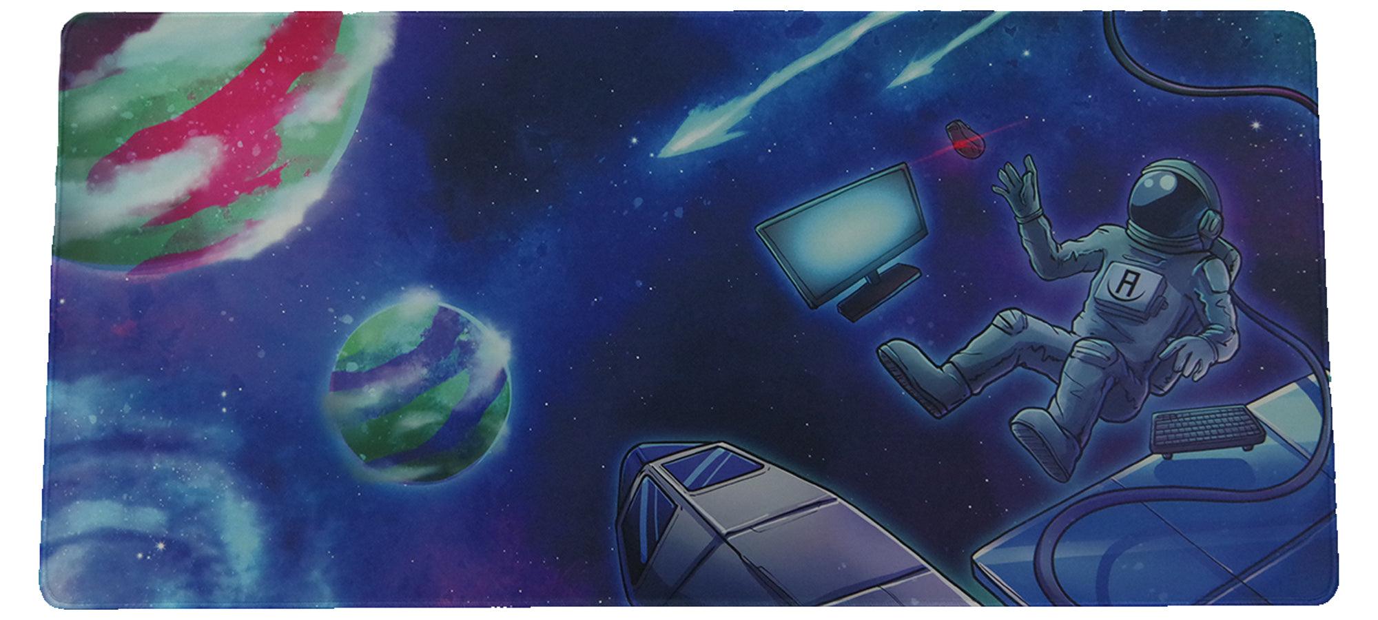 Space and astronaut with keyboard and mouse with planets in background deskpad and mousepad front view