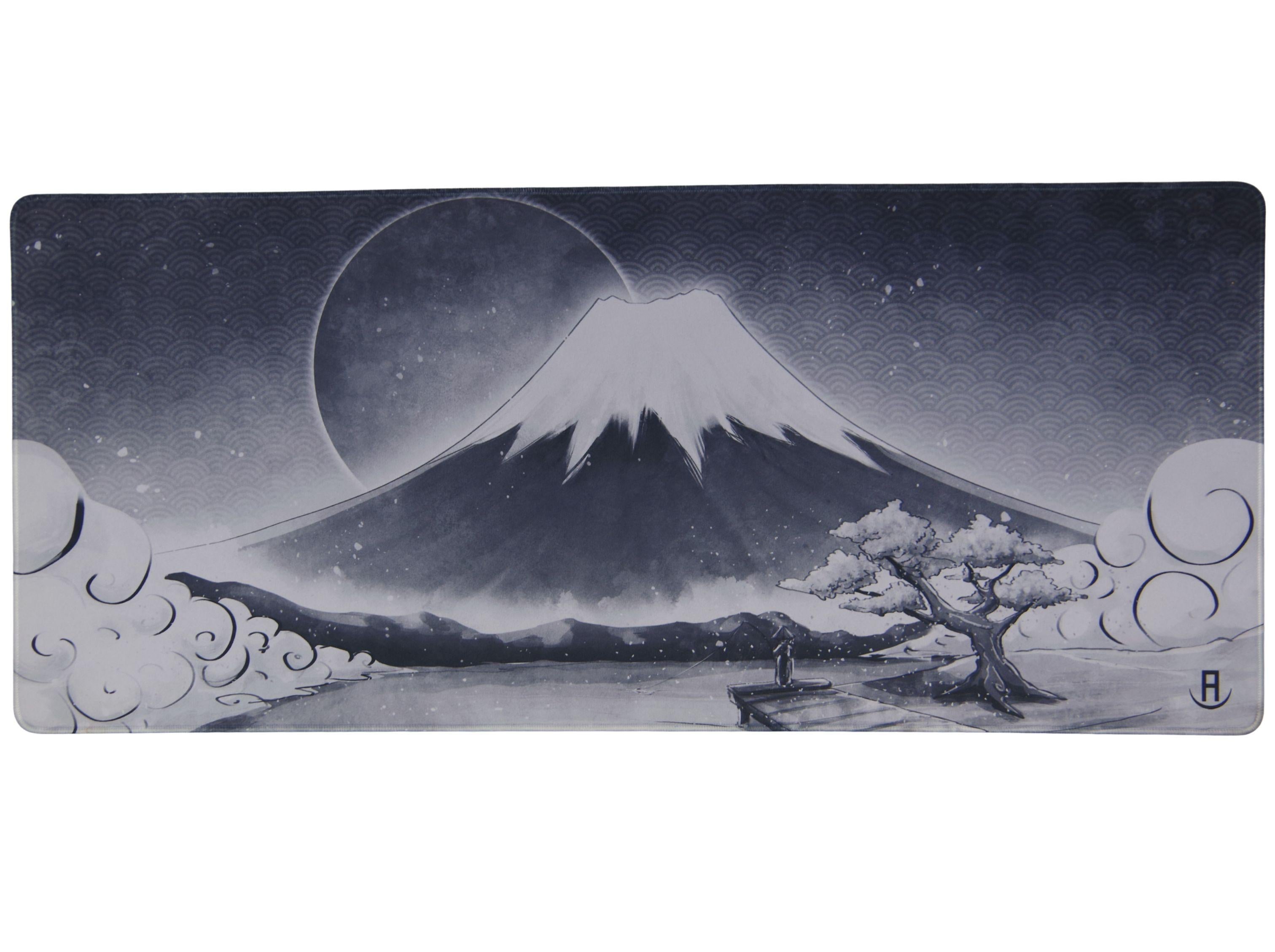 Black and white mountqin fuji gaming mouse pad, its 5mm thick, waterproof and has stitched edges and is 90x40cm