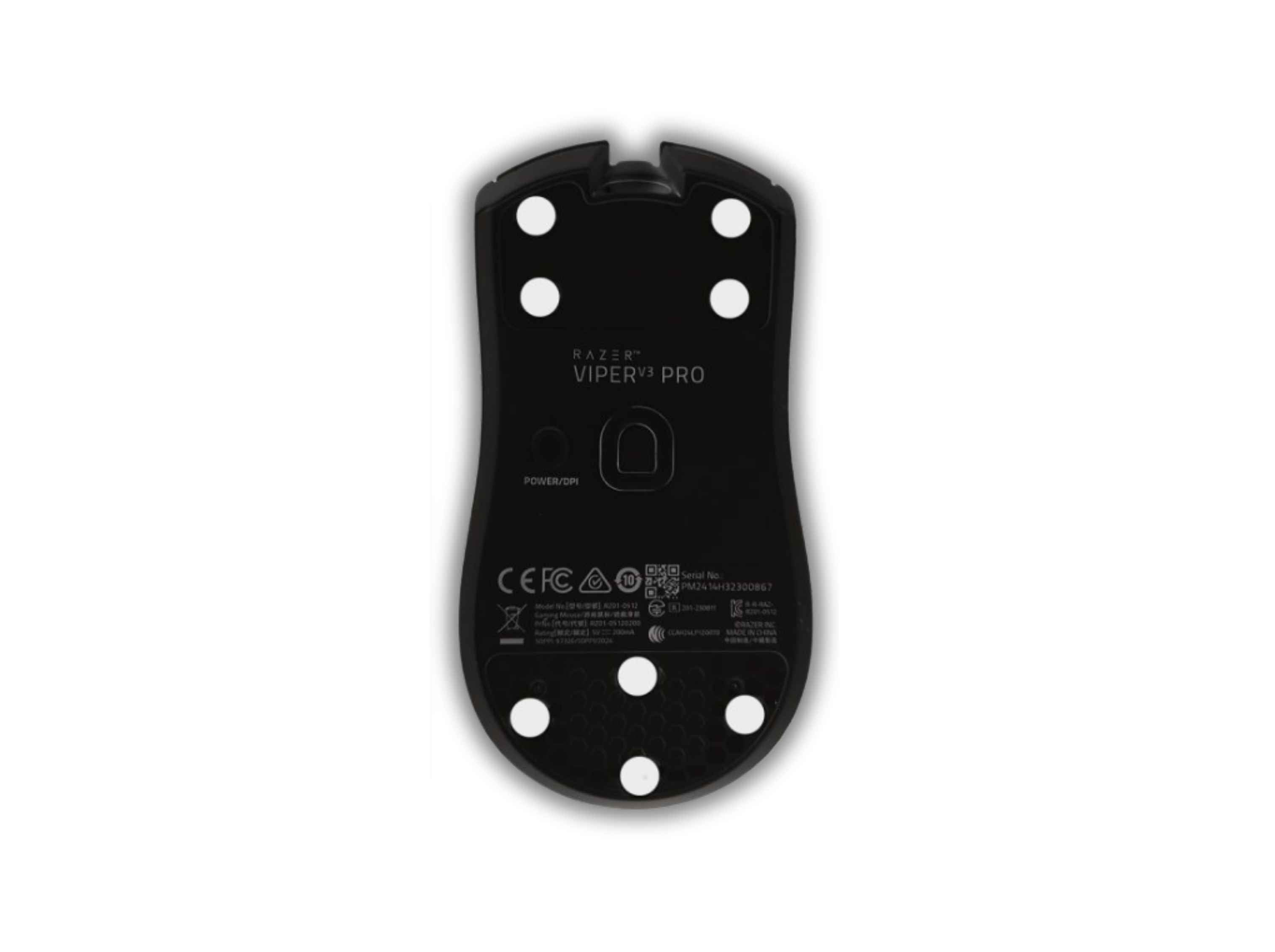 white dot PTFE mouse skates on a black razer viper V3 pro gaming mouse