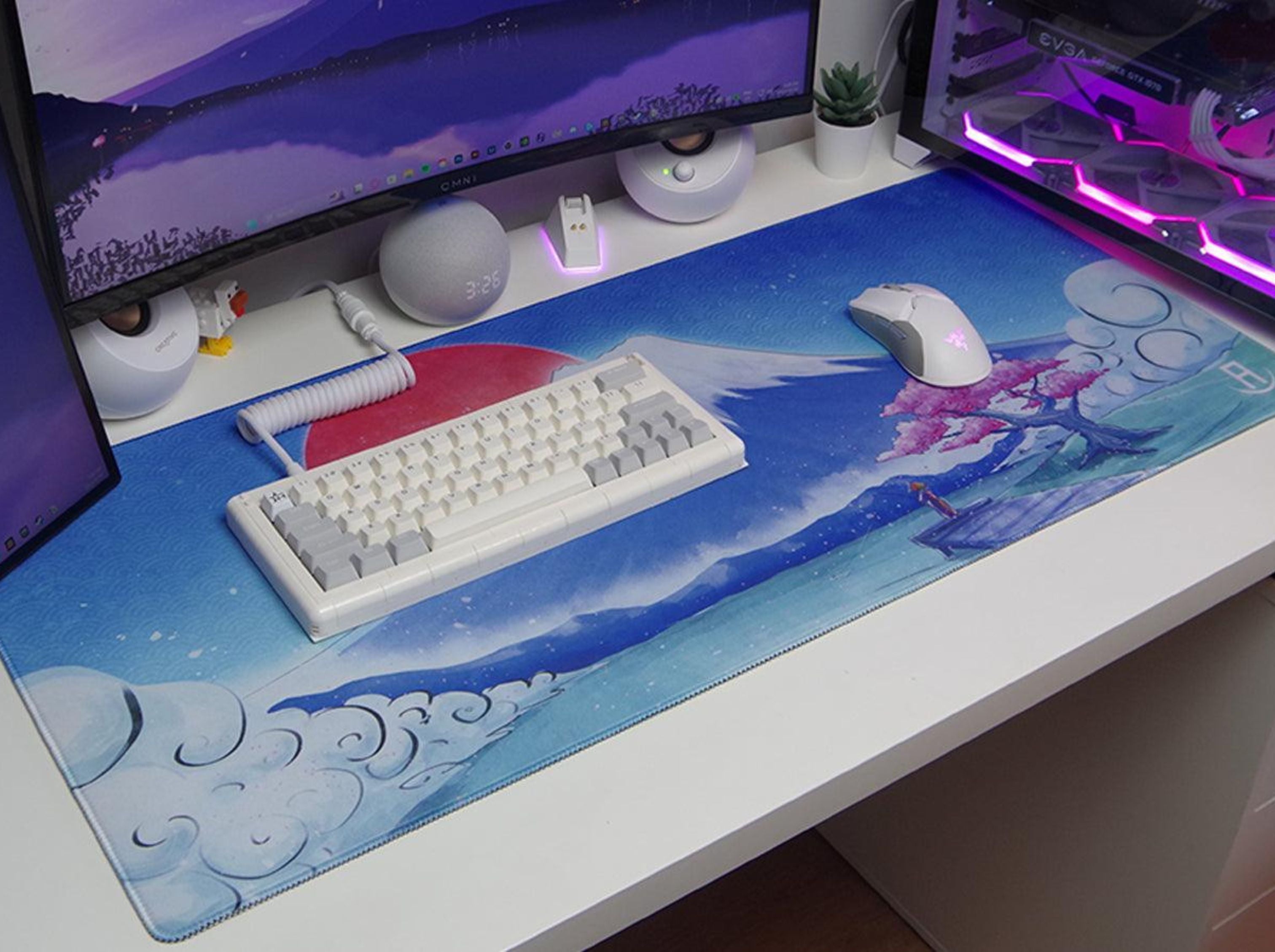 azurepads mountain fuji gaming desk pad in a gaming setup on a desk