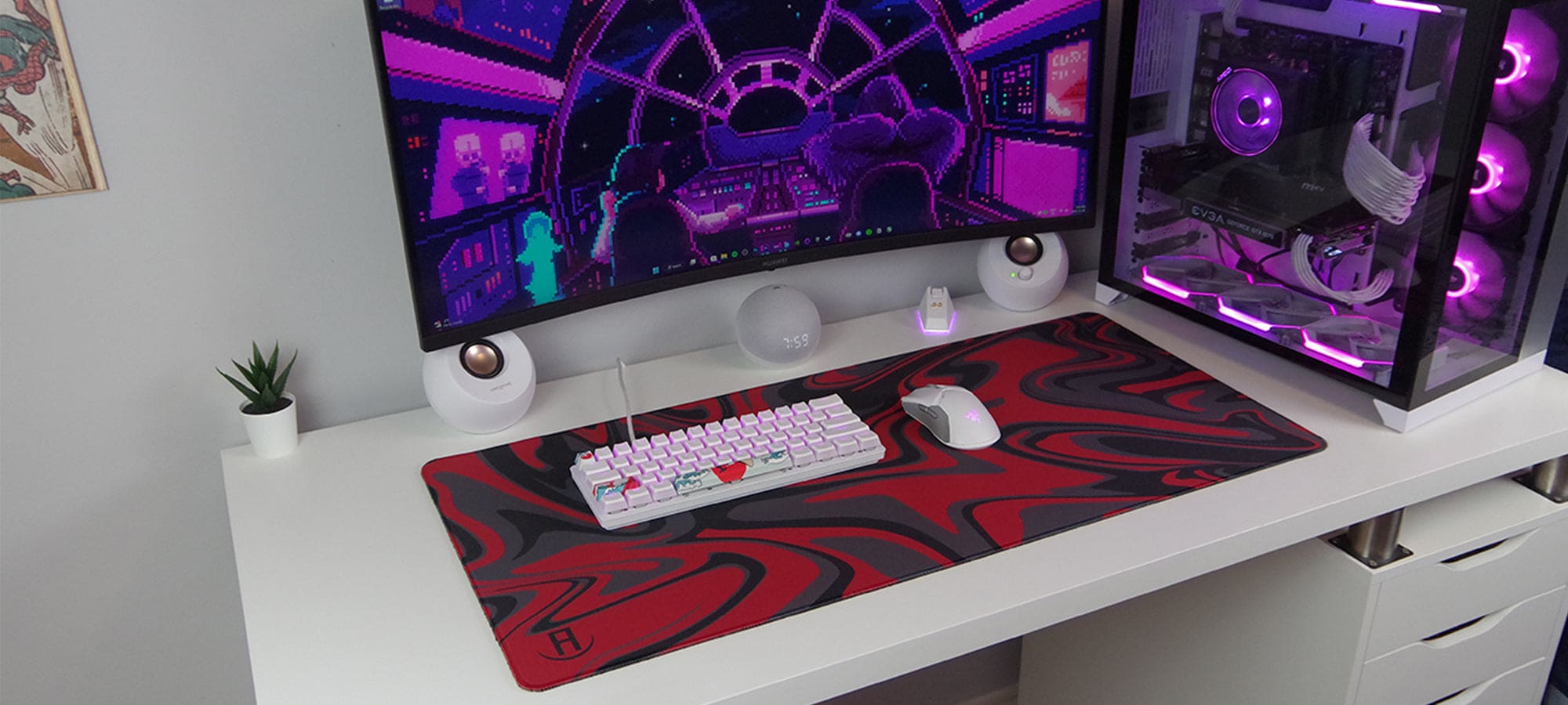 Black grey and red liquefied deskpad and mousepad on desk 45 degree angle view